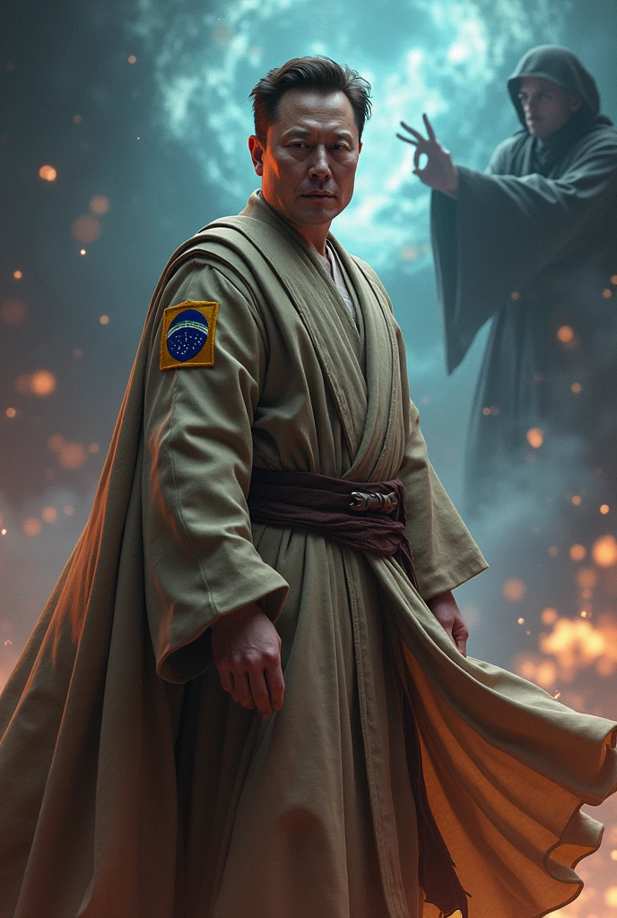 Create an image with Elon Musk&#39;s Star Wars Obi outfit with a Brazil patch raising Voldemort in a Jedi power battle