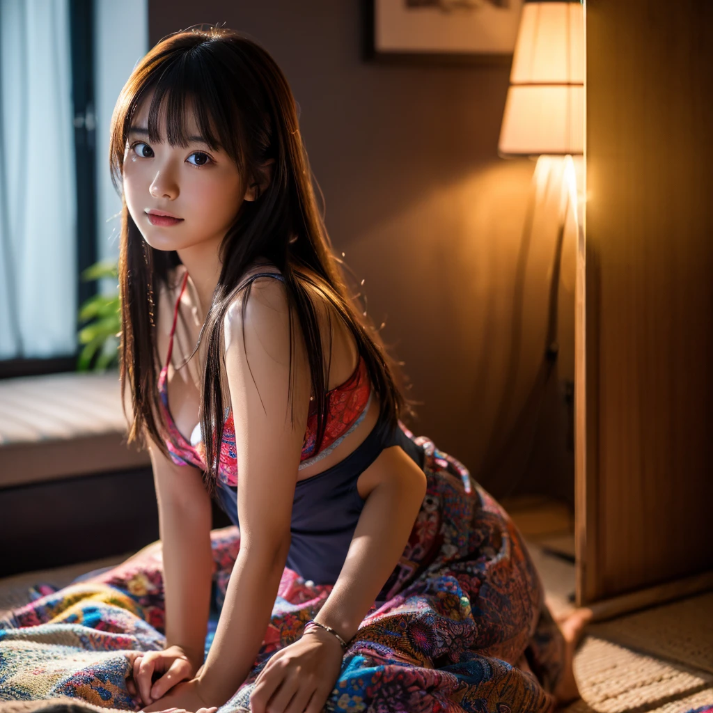 a beautiful young japanese girl relaxing in a living room at night, wearing a non-transparent nightgown, detailed face, (best quality,4k,8k,highres,masterpiece:1.2),ultra-detailed,(realistic,photorealistic,photo-realistic:1.37),HDR,UHD,studio lighting,ultra-fine painting,sharp focus,physically-based rendering,extreme detail description,professional,vivid colors,bokeh,portrait