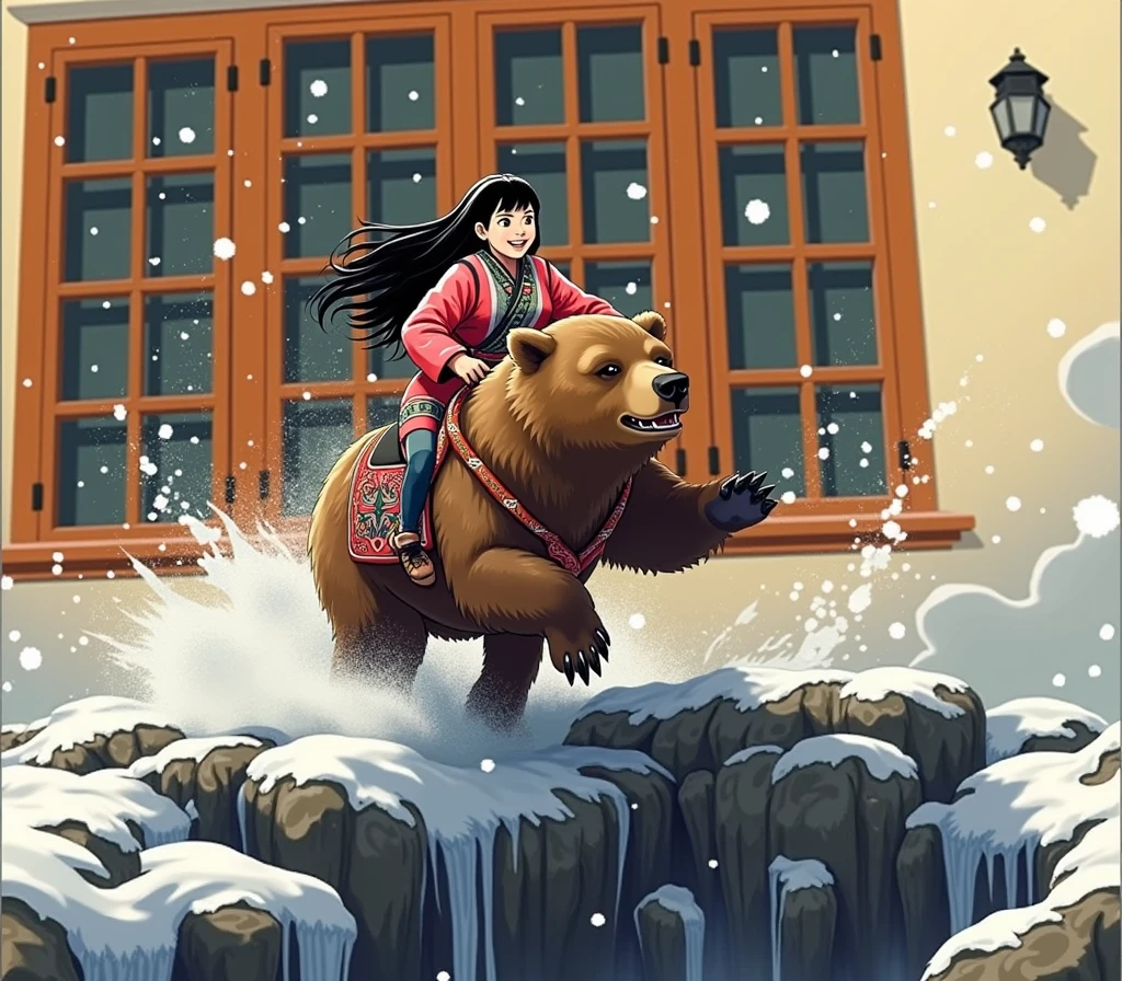 girl\(long black hair, Ainu folk costume, smiling\) sitting on a big brown bear running at great speed through the wilderness\(snowy mountains\) of Hokkaido,dynamic camera angle, powerful composition, concentrated lines, scattered snow,great land scape