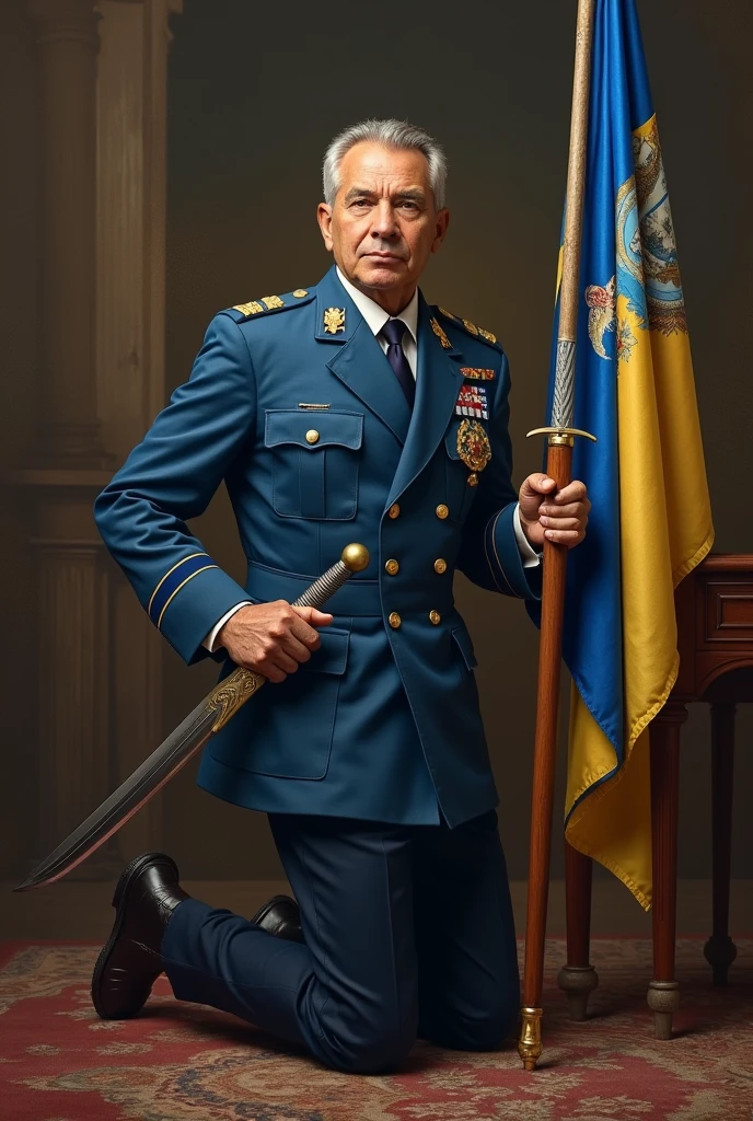 Former Paraguayan President Francisco Solano López in his signature blue uniform kneeling with one leg bent, Holding in his right hand his thin combat sword and in his left hand a stick with the red, white and blue flag of Paraguay, with the front shot