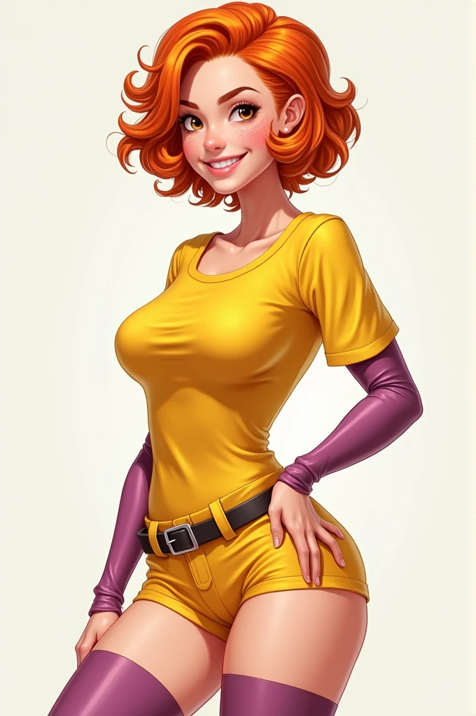 Masterpiece, high quality, happy, 1girl, orange hair, short hair, curly hair, freckles, helmet, bodysuit, yellow shirt, short sleeves, long sleeves, belt, yellow small shorts, purple thighhighs, sexy body, gorgeous body, beautiful, beautiful legs, solo