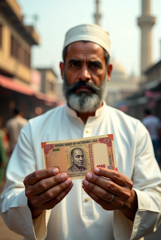 Muslim man  with Indian 100 currency 