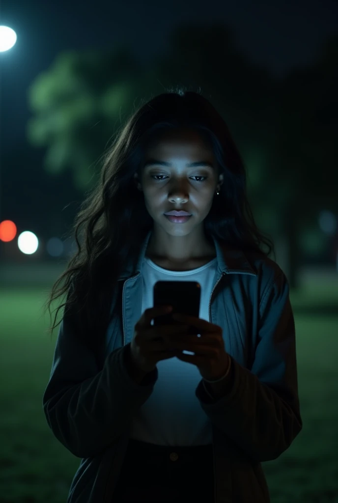 In night 20 year old black female (young), (long hair), received a call on her smartphone. She is at Park. standing. She wears casual clothes. mystery environment, cinematic lightning, day