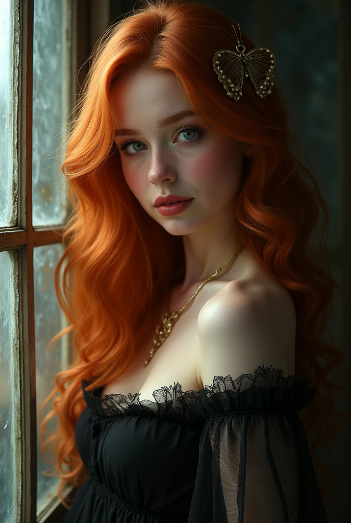(solo, full body photo:1.3), (action packed:1.3), (haze, fog, mist:1.3), chiaroscuro, best quality, photorealistic, 1woman, (cute), (24yo:1.2), redhead, long ginger hair highly detailed, 1700'S, digital photography, art by artgerm and ruan jia and greg rutkowski surreal painting gold butterfly filigree, broken glass, (masterpiece, sidelighting, finely detailed Fashionable eyes: 1.2) (perfect oval large eyes that gazes at the viewer), beautiful detailed face, blue gorgeous perfect eyes, (blonde hair ponytail), (attractive young woman:1.3), (thick amazing hair), (seductive:1.1), (blushing:1.1)