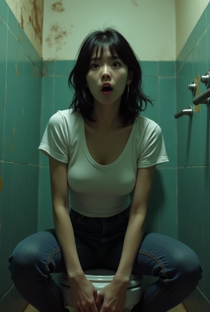 (Old public toilet)Korean actress with black hair Korean woman.Wear skinny jeans that fit your body well and a short-sleeved T-shirt that fits your body well....Squat on the toilet in the bathroom..very .very big breasts.With a surprised look. Scared expression slim woman.Young woman in her 20s