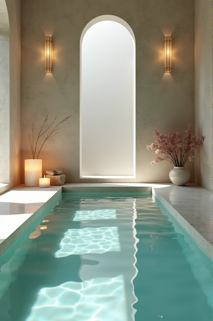 GENERATE A REST ROOM WITH A CLOSED ENVIRONMENT AND CRYSTAL CLEAR WATER 