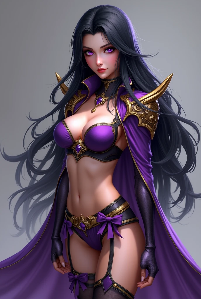 Appearance: She has long black hair and no bangs., slim and slender body, Tanned white skin, Purple eyes Medium and light pink lips.

Clothes: Wears a purple bra and purple turtleneck mid-length sleeves, There is a gold emblem in the middle of the bra, Purple ribbons around the belly, Wears a purple and gold high-waisted V-shaped long panty, The boots are tall and partially cover the legs with half purple and half black colors..

Accessories: Wears a purple knitted hat on his head, Purple and gold belts around panties and boots, Wear a black glove, A collar around the neck is purple and has purple iron shoulder pads.