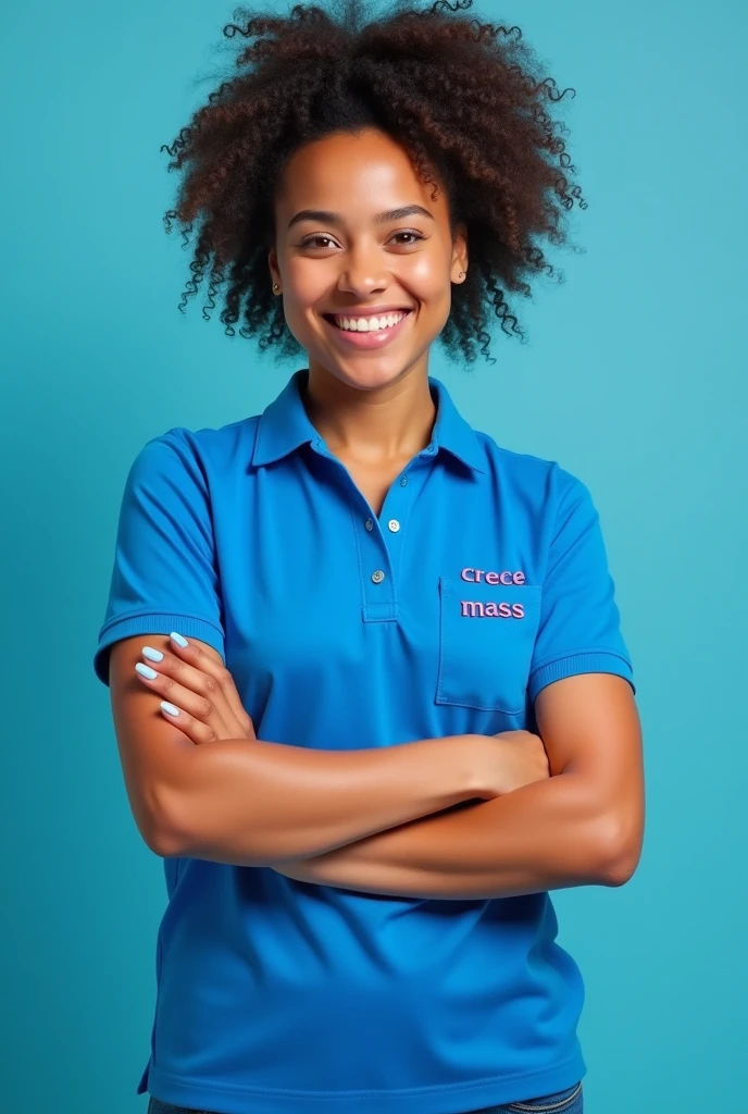 A young Latina lady wearing an electric blue polo shirt. In addition to having the word printed on it "CRECE MASS" in the right pocket . She must be smiling and with her arms crossed.