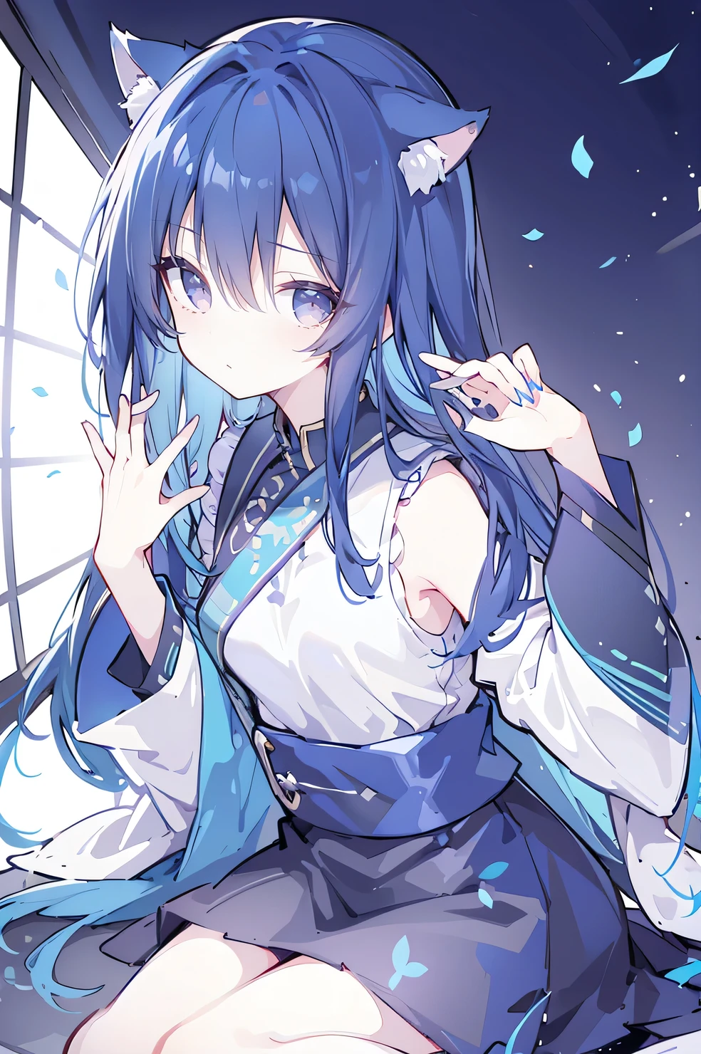 (Masterpiece:1.2),Ultra-detailed,lifelike,The eyes are expressive,Fair skin,Perfect face shape,1 girl,Japanese Manga,Gorgeous blue hair,Flowing blue hair,Flowing clothes,Cat ears,Petals falling,Shy face,sitting on window,Place your hand on your lips,masterpiece, absurdres, novel cover, cover illustration, 1girl, solo, dark blue-haired ponytail, mage robes, flower background, clock background, monochrome, line drawing