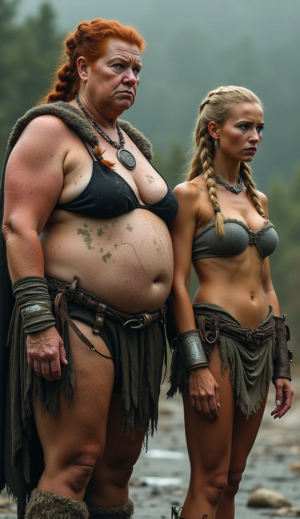 a chubby 80-year-old viking woman, 1.90m tall, fair skin, large sagging breasts, muscular toned body, striking beautiful face with large green eyes, cracked lips, staring intensely, thick red hair in single braid, dirty covered in mud with scrapes and bruises, wearing tight viking bikini that is too small, viking accessories, walks barefoot, 30-year-old slender yet muscular viking woman, fair skin, long blonde hair in neat braid, dirty with scrapes and bruises, wearing tight viking bikini that is too small, viking accessories, beautiful face with sorrow and shame, large green eyes and full lips, gazing at camera with determination, both women walk barefoot, high quality photography, excellent detail and clarity