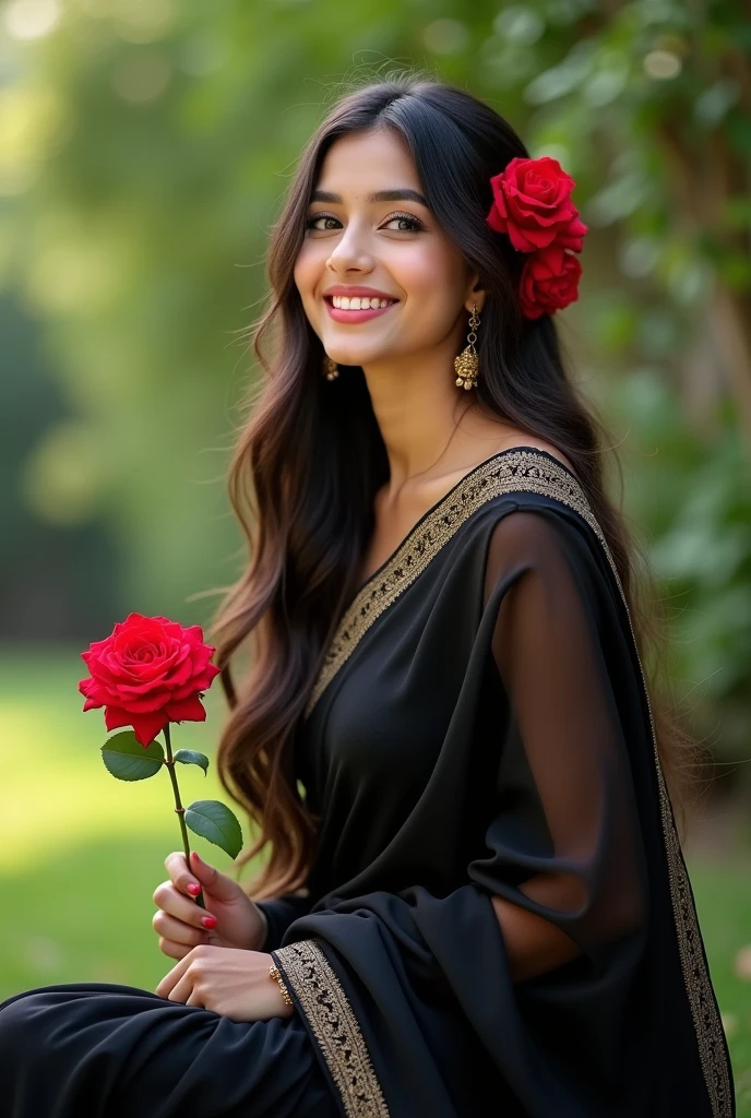 A cute beautiful woman 2,45 kg weight,  in black colour  saree,in right hand red rose, in a garden,her face is smiling, her long shinny hair is flying, on hair some red rose on her cheeks dimple 