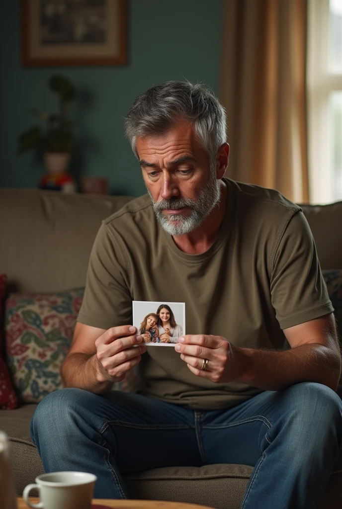 A 30-year-old man, dressed casually in a worn-out T-shirt and faded jeans, sitting comfortably on an aged, well-loved couch. His eyes are filled with a warm, nostalgic glow as he gazes intently at a small, well-kept photograph in his hand. The picture in the frame is of a happy family – a younger version of himself, a beautiful woman with a bright smile, and two small children, a boy and a girl, all huddled together in a playful embrace. The surrounding living room is a blend of modern and vintage elements, with soft, muted lighting creating a cozy ambiance. A few toys scattered on the floor and the faded pattern on the couch cushions suggest a life filled with laughter and moments of shared joy. On the coffee table in front of him, there's a half-empty mug of coffee, hinting at a quiet morning or a reflective evening spent in solitude. The man's hand, slightly trembling, holds onto the photograph as if it's a tangible piece of the past, while the present seems to pause around him, allowing him to delve into the depths of his memories. His gaze is both tender and wistful, a silent conversation with the smiling faces captured in time, a testament to the enduring love and bond that transcends the years.