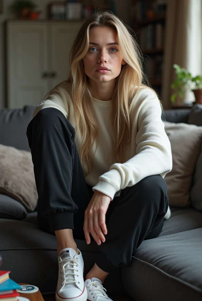 Create a realistic image of a 20 year old woman,
long blond hair, blue eyes, cheekbones, ((full body)),
Dressed in black jogging suit from the brand: (NIKE), a white sweater from the brand: (CONVERSE) sitting on a sofa, she is sick, makes a tired face, she has the flu, background image: a messy living room, head to toe, full body, hyper realistic photo