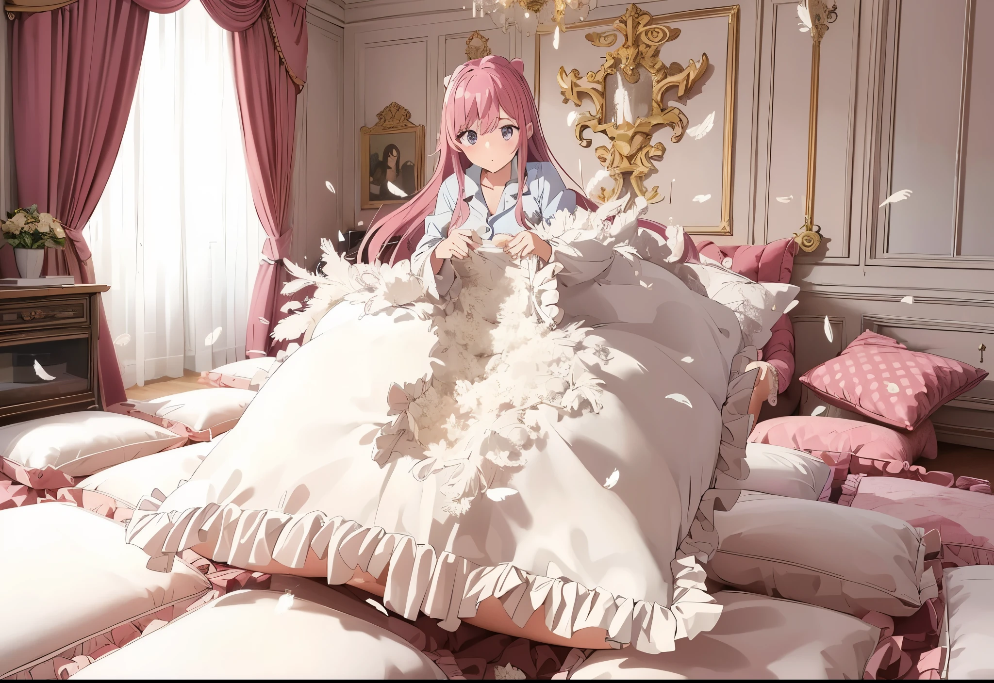 NSFW. a full-body with up perspective of an anime-style purple eyes, pink long hair female kids wearing a white pajama, standing and placing a giant, luxury pattern, frilled white pink polkadot cushion on the floor, tearing and ripping it with both hands until it's completely destroyed and then the stuffing of the cushion is taken and spread out using her hands too. After ruining it, the cushion should be ripping open with feathers and stuffing flying everywhere.The girl should have a ahegao and horny expression, focused on her task. The scene should show her in a luxury and cozy room with many giant, luxury pattern, frilled white pink polkadot square cushion around the floor, with the chaotic explosion of feathes around her, emphasizing the intense action.