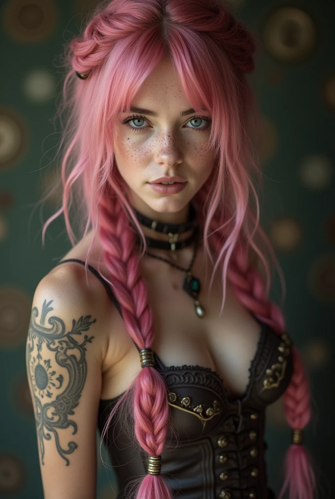 (Realisttic:1.2), analog photo style, Beautiful young woman, posing, with freckles and long pink hair braided, (steampunk dark fantasy atmosphere), soft natural light, cute and sexy, great quality, Masterpiece, detailed strange background, better performance, 16k quality, RAW photo