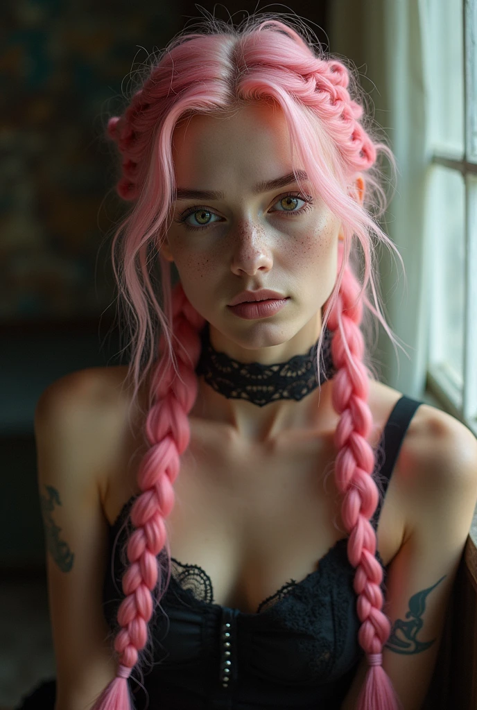 (Realisttic:1.2), analog photo style, Beautiful young woman, posing, with freckles and long pink hair braided, (steampunk dark fantasy atmosphere), soft natural light, cute and sexy, great quality, Masterpiece, detailed strange background, better performance, 16k quality, RAW photo