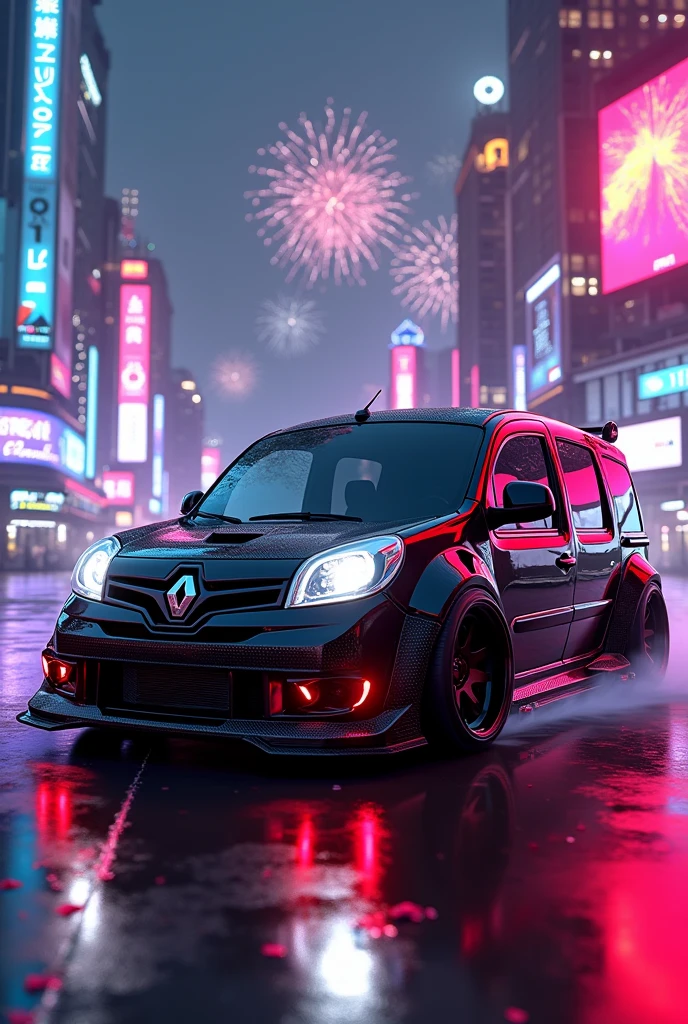 can u make a black renault kango with body kit ina neon city lights and fireworks and cybercityies anf neon red and add u some shit idk