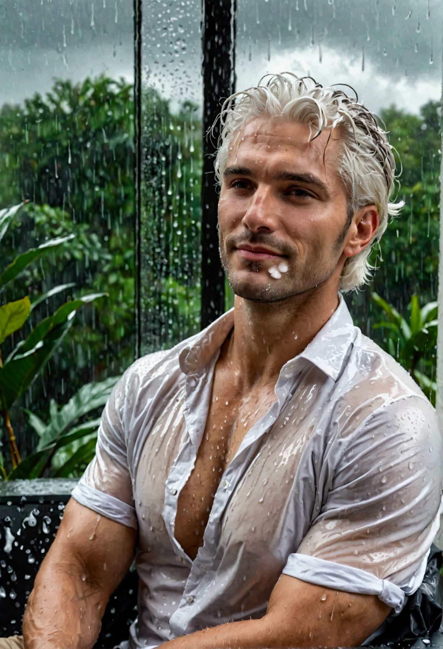 A 6 Caucasian handsome man sitting relaxed with his chest exposed full of white hair enjoying the rainy vista outside