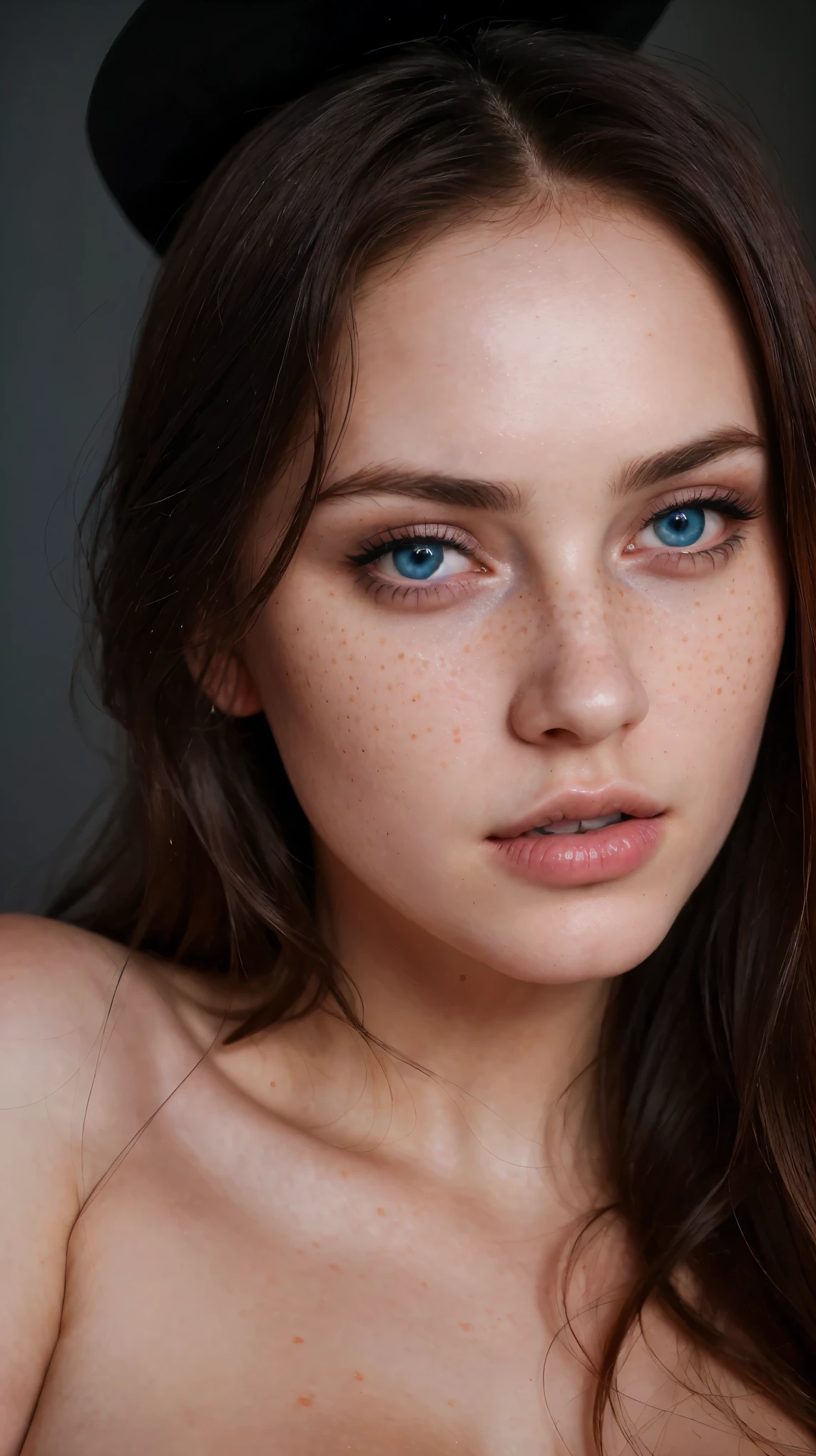 (best quality, hyperdetailed photography:1.2), beautiful lady, freckles, dark makeup, soft light, pink lips, blue eyes, snoopy breast,massive perfect breast,head and breast portrait, cover, (detailed beautiful face, detail skin texture, ultra-detailed body:1.1) sexy vampire girl,,, naked breast, realistic skin texture extreme details, 1 woman