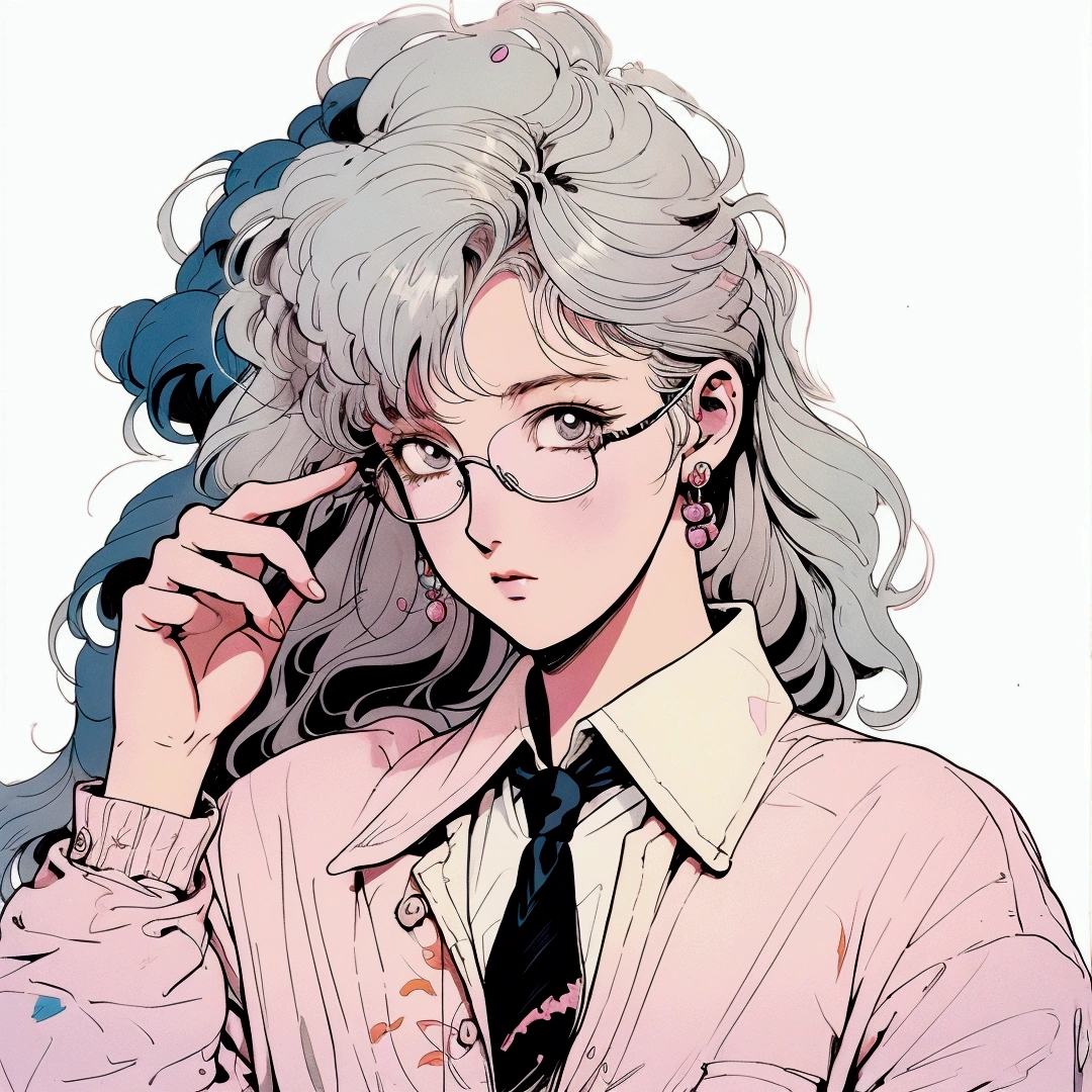 There is a painting,Drawing of a woman wearing glasses and a tie,Androgynous 2D anime style, Character Art Style, Inspired by Ib Eisner, Silver-haired girl, Danganronpa Nanami Chiaki, 80s anime art style, High-quality anime art style, cyber school girl, anime style character, Hint from yayoi kasuma