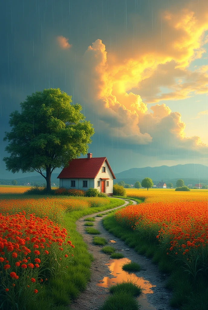 Create a landscape of a serene countryside scene during a gentle summer rain. A cozy cottage with a red roof is nestled near a large, lush green tree. The sky is filled with dramatic, billowing clouds in vibrant shades of orange and yellow, illuminated by sunlight breaking through, creating a striking contrast with the dark blue rain clouds. A narrow, winding path leads to the cottage, bordered by wildflowers in bright red and orange hues, and rich green grass. Small puddles form from the rain along the path.

The overall atmosphere is peaceful and picturesque, with a harmonious blend of nature and tranquility, depicted in highly saturated colors to enhance the vividness and charm of the landscape.