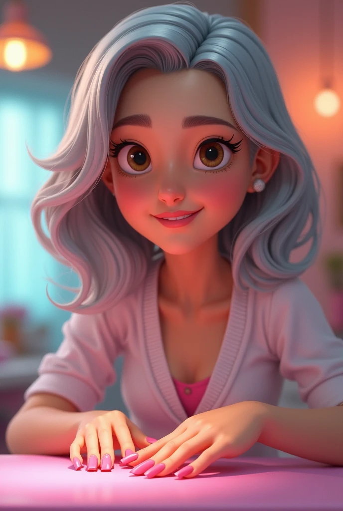Pixar woman shoulder length silver hair brown eyes long pink nails manicurist 

