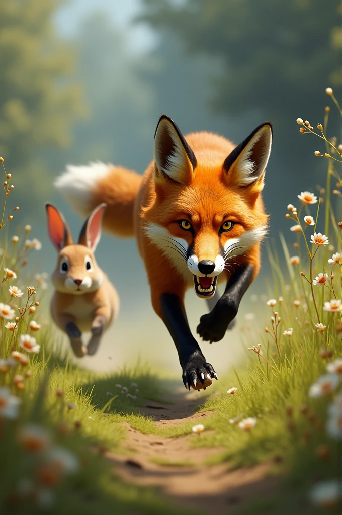 The greedy fox ran to catch the rabbit.
