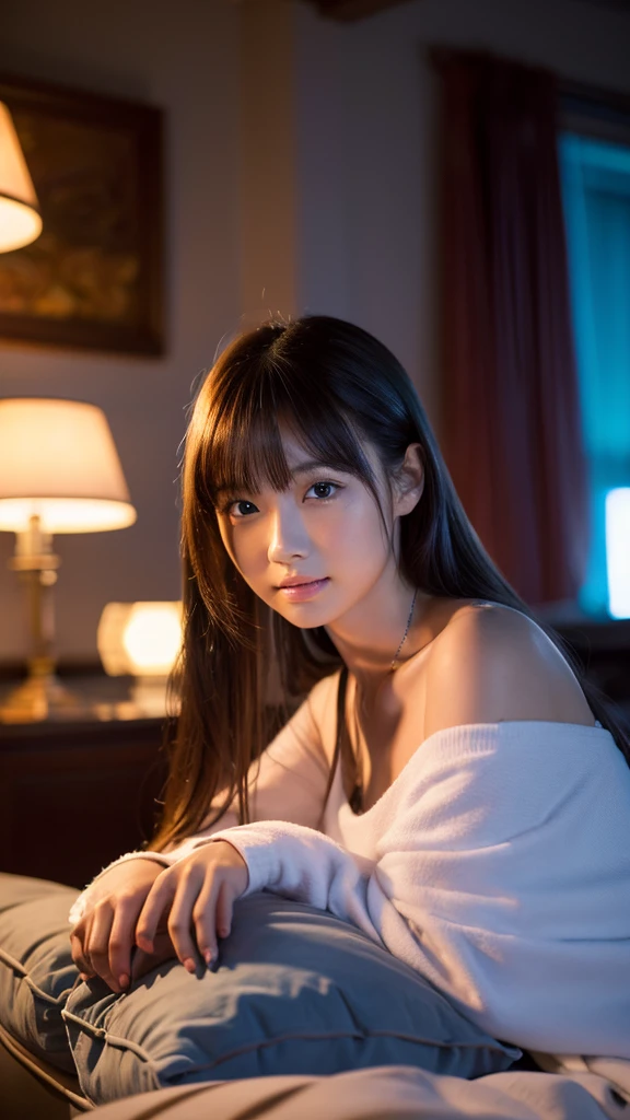 a beautiful young japanese girl relaxing in a living room at night, wearing a non-transparent nightgown, detailed face, (best quality,4k,8k,highres,masterpiece:1.2),ultra-detailed,(realistic,photorealistic,photo-realistic:1.37),HDR,UHD,studio lighting,ultra-fine painting,sharp focus,physically-based rendering,extreme detail description,professional,vivid colors,bokeh,portrait