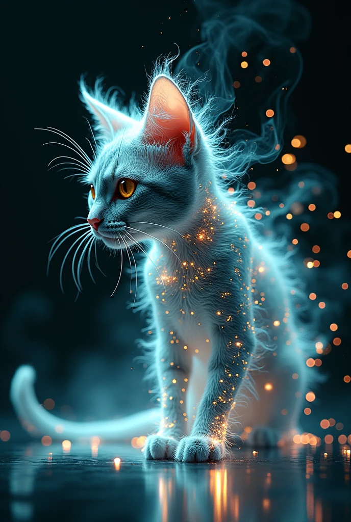 Diffuse hallucinatory cat composed of light matter and cybernetic threads, ultra detailed illustration, complex 3D projections, translucent fabric, glowing texture with black tones, double exposure technique, surreal, lit within a dark fantasy realm featuring high chromatic contrast, Pascal Blanche-inspired character design, matte painting quality, elements of artillery and motherboard integrated, emitting diodes, smoke, and sparks creating an unpredictable masterpiece, cinematic, 4K resolution, sharp focus, Blade Runner ambiance,