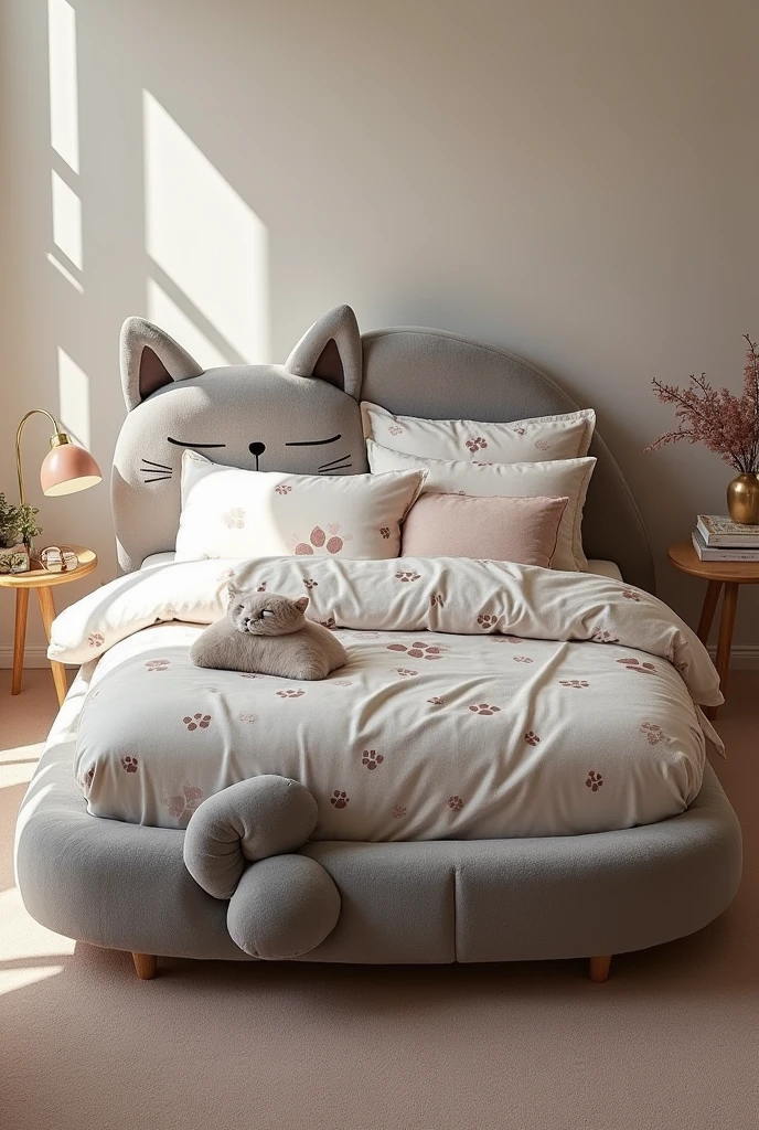 "Design a cozy, cat-themed bed for cat lovers, with the bed frame shaped like a curled-up cat. The bed should be made from soft, furry material, giving it a plush and inviting appearance. The headboard could resemble a cat's head with cute, rounded ears and embroidered eyes, nose, and whiskers, while the footboard could mimic the cat's curled tail. The entire bed should be covered in a luxurious faux fur fabric in a neutral color like gray, white, or beige. The bedding should complement the theme, featuring soft, matching tones with subtle cat patterns or paw prints. The overall design should be both whimsical and elegant, creating a perfect, cat-like sanctuary for cat lovers."