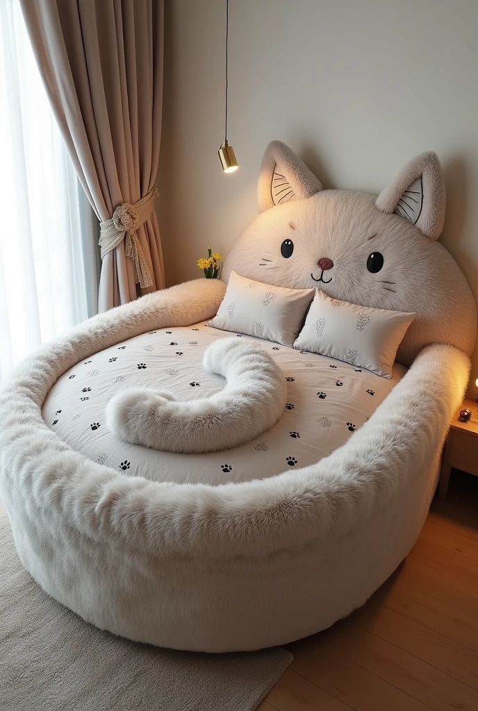 "Design a cozy, cat-themed bed for cat lovers, with the bed frame shaped like a curled-up cat. The bed should be made from soft, furry material, giving it a plush and inviting appearance. The headboard could resemble a cat's head with cute, rounded ears and embroidered eyes, nose, and whiskers, while the footboard could mimic the cat's curled tail. The entire bed should be covered in a luxurious faux fur fabric in a neutral color like gray, white, or beige. The bedding should complement the theme, featuring soft, matching tones with subtle cat patterns or paw prints. The overall design should be both whimsical and elegant, creating a perfect, cat-like sanctuary for cat lovers."