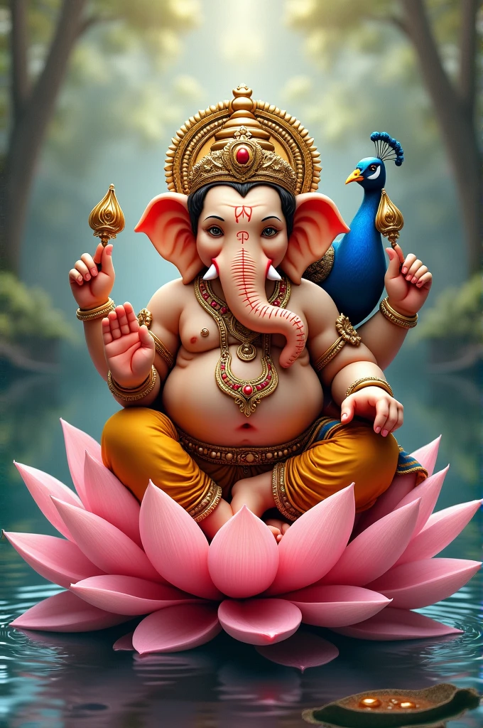 Create an image of a Ganesh with a stole around neck and a turban on head 
sitting on a lotus flower besides a peacock