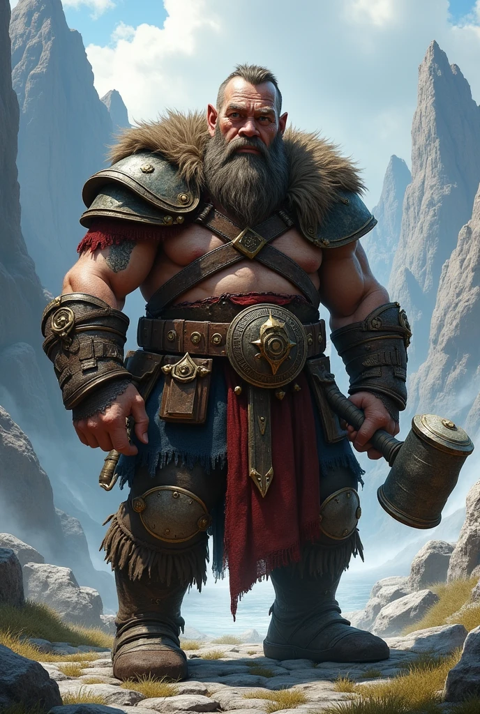 A dwarf warrior with a crippled left arm 