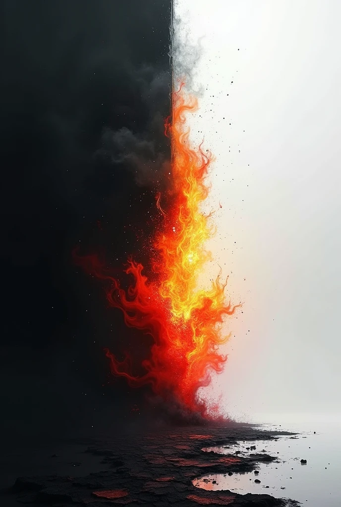 A background with black and white that is divided in an inclined way so that black flames come out in vibrant colors