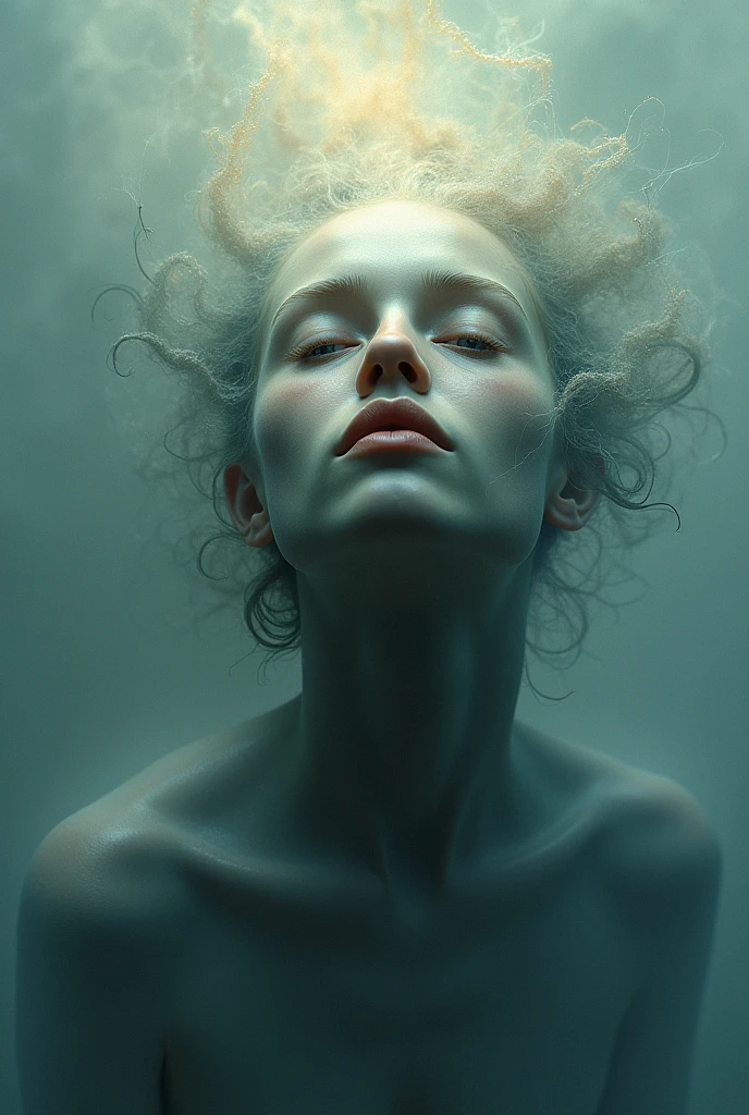 a beautiful biracial latina woman, long wavy light blue hair, light blue eyes, large breasts, floating and laying in the dark void, blue fog hide her nudity ,Résolution Haute, full body photo