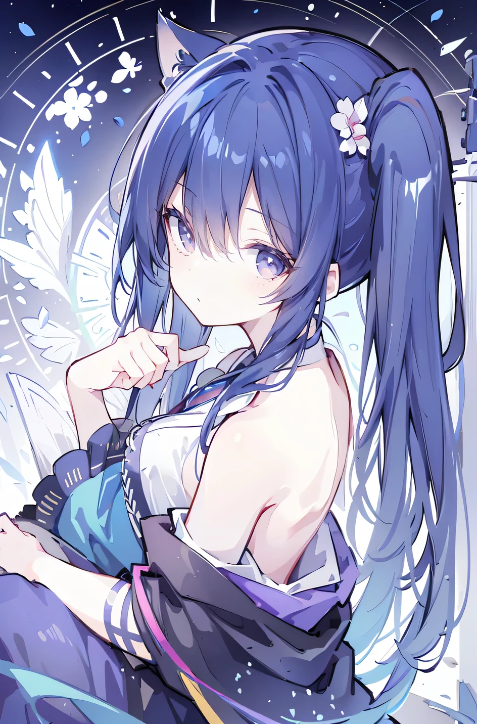 (Masterpiece:1.2),Ultra-detailed,lifelike,The eyes are expressive,Fair skin,Perfect face shape,1 girl,Japanese Manga,Gorgeous blue hair,Flowing blue hair,Flowing clothes,Cat ears,Petals falling,Shy face,sitting on window,Place your hand on your lips,masterpiece, absurdres, novel cover, cover illustration, 1girl, solo, dark blue-haired ponytail, mage robes, flower background, clock background, monochrome, line drawing