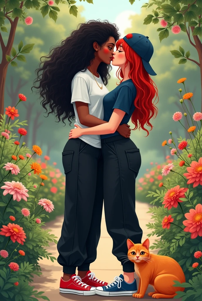 Two women are sitting and kissing in a flower garden with a fat orange cat next to them, the first woman has thick, black curly hair down to her back and dark skin and is wearing a white t-shirt and black baggy pants with red sneakers, The second woman is a redhead with hair down to her back and a backwards cap., her skin is white and she wears a dark blue t-shirt and black baggy pants and blue sneakers 