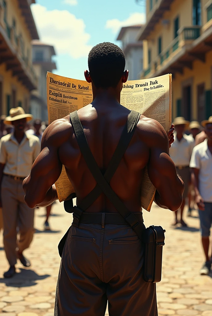 Black man selling newspapers, in Brazil, early 19th century. He has his back turned and is waving the newspapers in his hand.. PICTURE REALISTIC