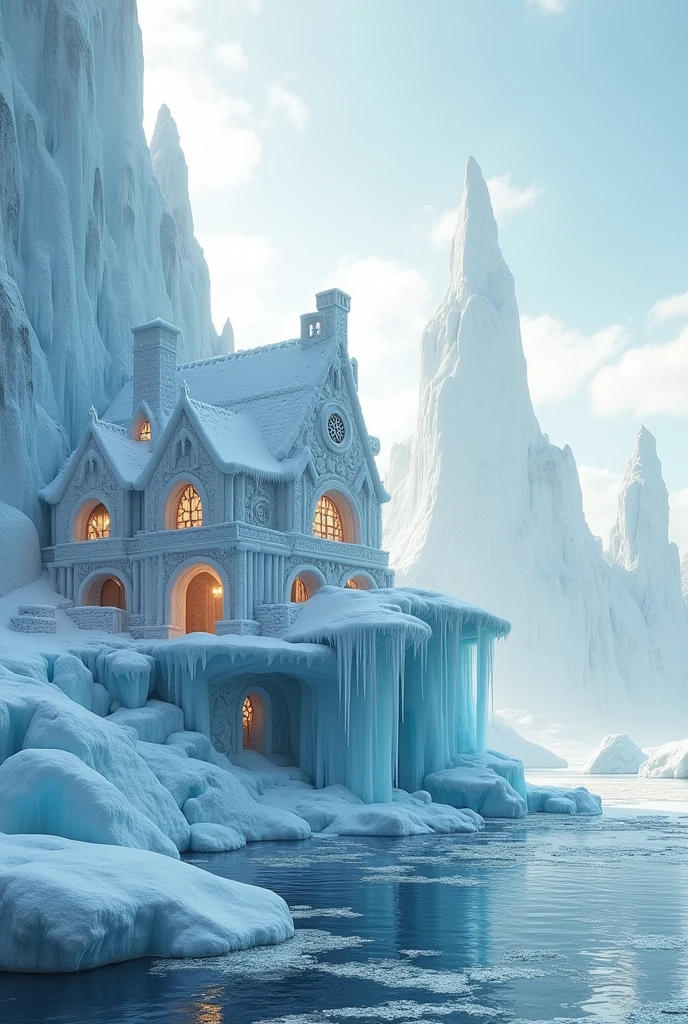 Paysages houses made of snow and ice, located near icy waters or on the sides of icebergs.