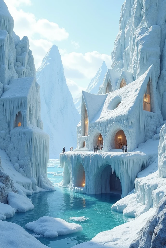 Paysages houses made of snow and ice, located near icy waters or on the sides of icebergs.