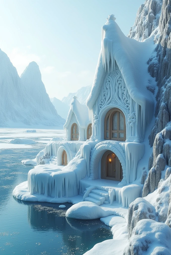Paysages houses made of snow and ice, located near icy waters or on the sides of icebergs.