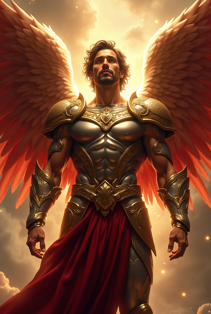 male character, Arcanjo Miguel, Astronomical images, details Intricate, realisitic, big red wings, angelic background, Catholic illustration image of Arcanjo Miguel, Male Characters in the Bible, Michael wears angel armor, cosmic background, Archangel and backlighting, Full body image of an angel, Maximum detail and her angelic face and wings, pele perfeita realisitic, The highest image quality, Miguel stands out in the image with strong and striking colors.