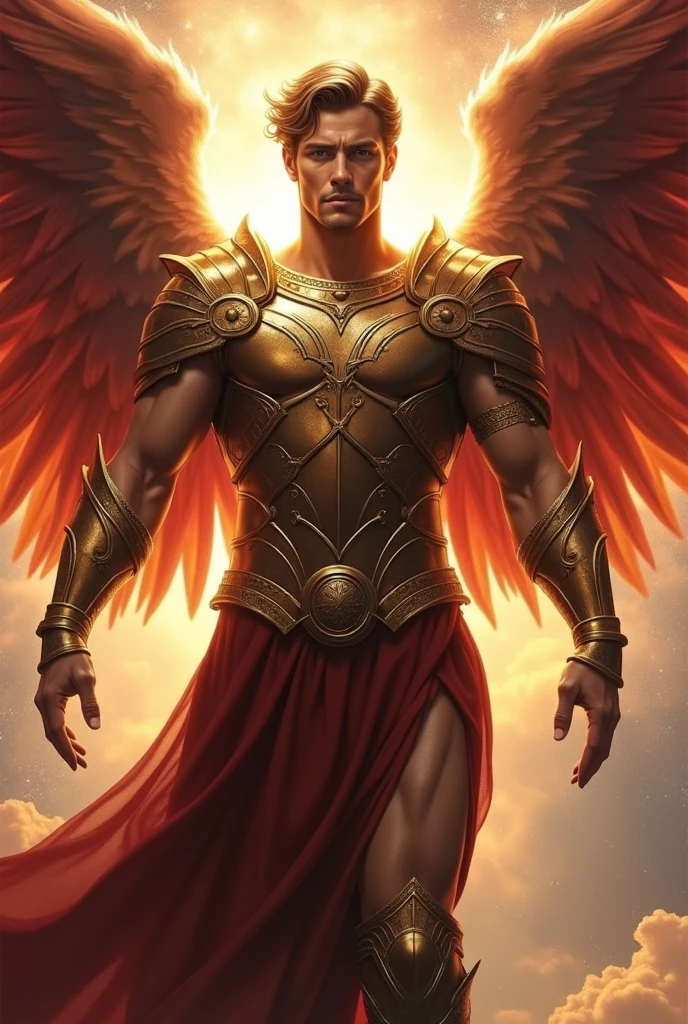 male character, Arcanjo Miguel, Astronomical images, details Intricate, realisitic, big red wings, angelic background, Catholic illustration image of Arcanjo Miguel, Male Characters in the Bible, Michael wears angel armor, cosmic background, Archangel and backlighting, Full body image of an angel, Maximum detail and her angelic face and wings, pele perfeita realisitic, The highest image quality, Miguel stands out in the image with strong and striking colors.