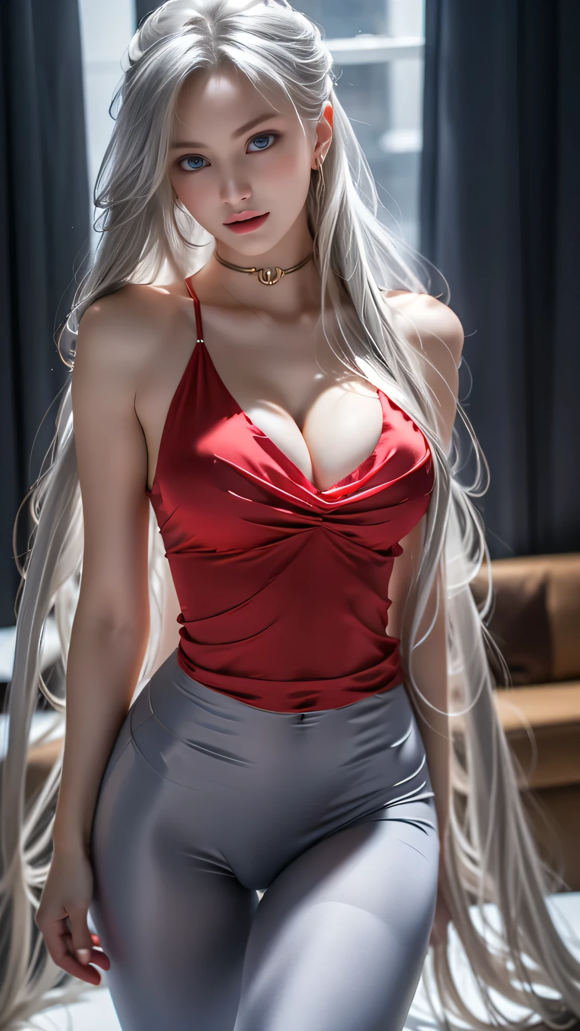 Slim Woman taking selfie, highly realistic, High resolution, 1 female, alone, Upper body, zero slim figure, beautiful eyes, Close your lips, detailed face, gray hair, long hair, red color silk shirt, translucent skin tight shirt (see through material), small cleavage, sports dark Leggings 