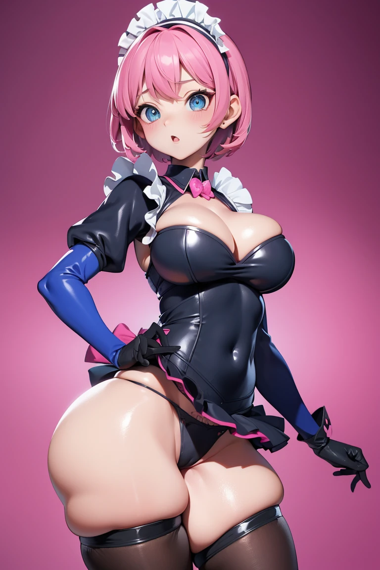room, One girl, View your viewers, Shocked face, Pink Short Hair, blue eyes, Moderate , Black maid outfit, Sweaty cleavage, Thick thighs, Big Ass, Suction cup gloves