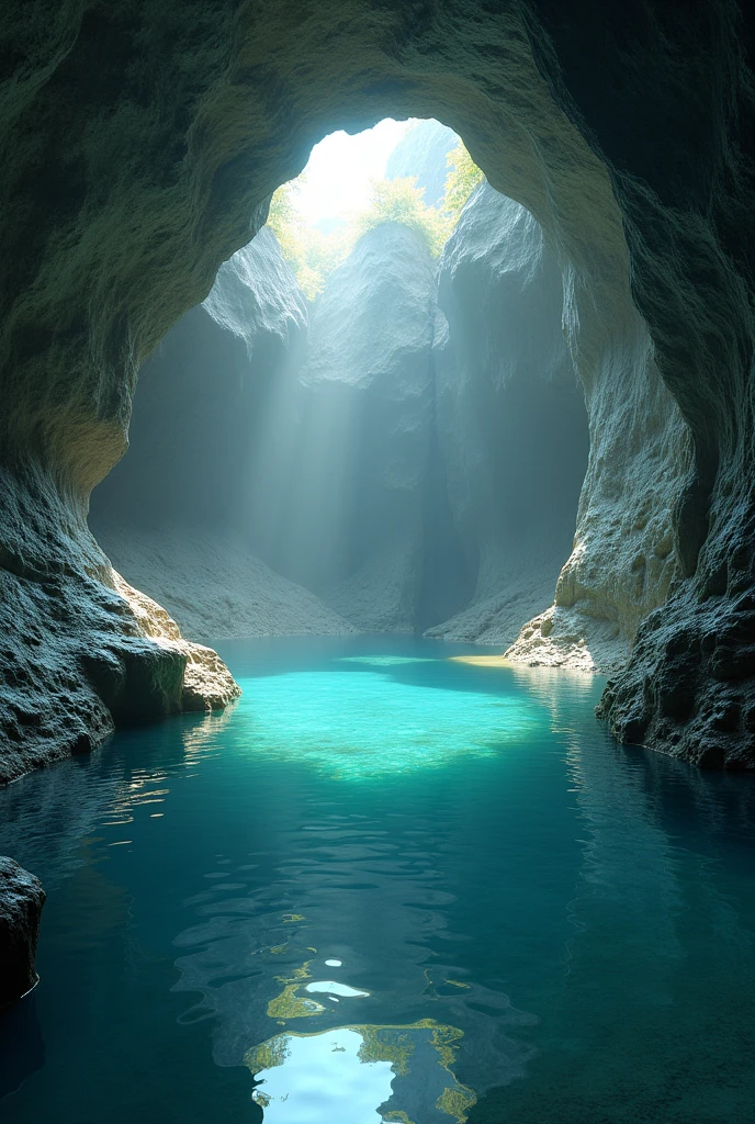 GENERATE A REST ROOM WITH A CLOSED ENVIRONMENT AND CRYSTAL CLEAR WATER. Make it more closed and with not much light