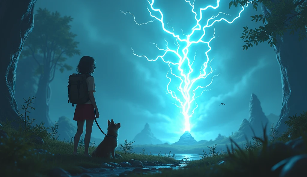 Give me a 3d picture in which margo and doggy going suddenly they saw a lightening thing and there is lot of silence.