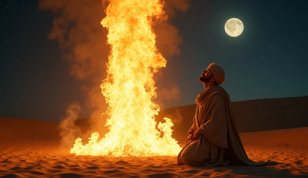 Image of a man dressed in ancient clothes in the middle of the desert at night kneeling while looking in amazement at a 30 meter fire