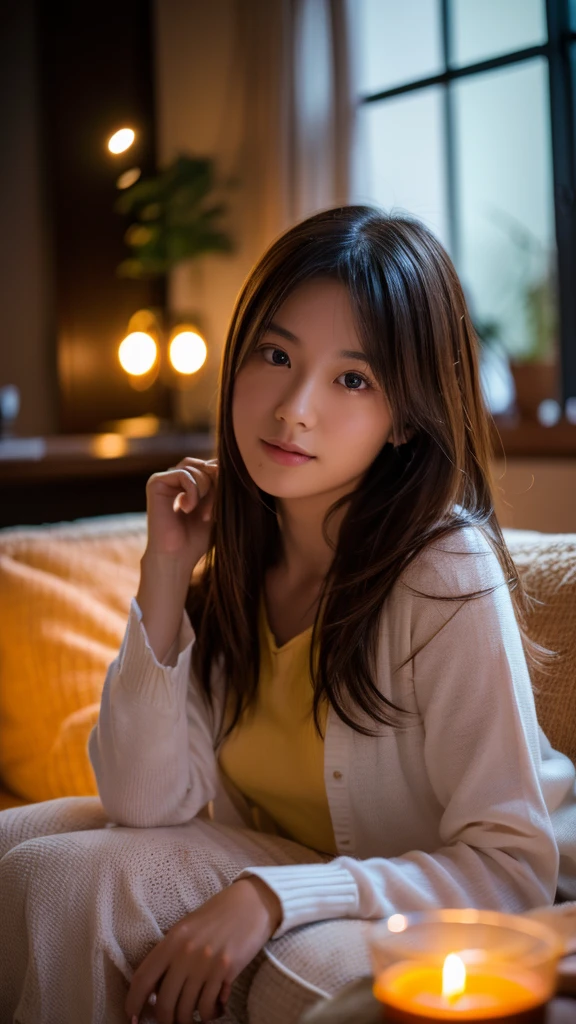a beautiful young japanese girl relaxing in a living room at night, wearing a non-transparent nightgown, detailed face, (best quality,4k,8k,highres,masterpiece:1.2),ultra-detailed,(realistic,photorealistic,photo-realistic:1.37),HDR,UHD,studio lighting,ultra-fine painting,sharp focus,physically-based rendering,extreme detail description,professional,vivid colors,bokeh,portrait