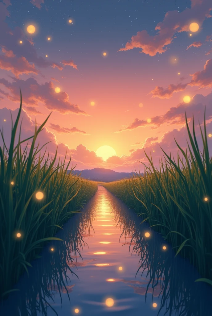 Viral anime nature wallpaper in 4K quality, in the style of photography with a 35mm lens inspired by Isao Takahata, capturing a serene rice field at dusk, the sky a soft gradient of orange and purple, and fireflies dancing above the water; warm and nostalgic color temperature, cosmos lighting with stars twinkling in the sky, no human characters, the atmosphere is tranquil and dreamy --v 5 --stylize 1000